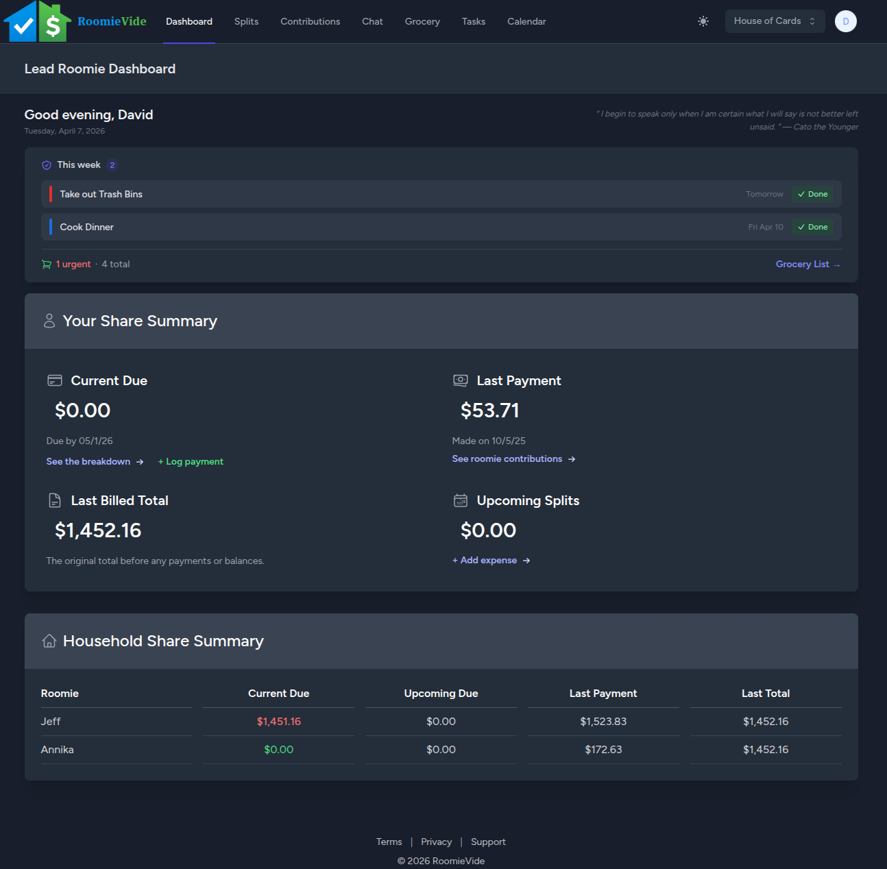 RoomieVide dashboard screenshot dark